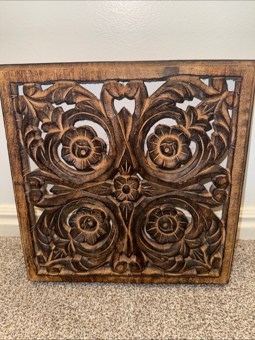 Carved Brown Floral Wood Wall Panel - Decorative Home Wall Decor